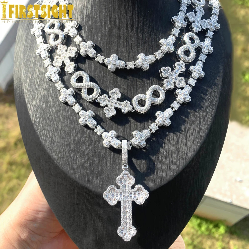 Iced Out Infinity Cross Necklace for Men Women Silver Color Prong Setting Cubic Zirconia Charm Star Link Chain Hip Hop