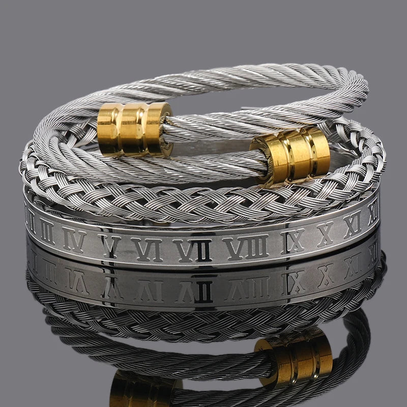 3pcs Luxury Stainless Steel Man Bracelet Set Roman Number Bangles Women Jewelry Couple Gift