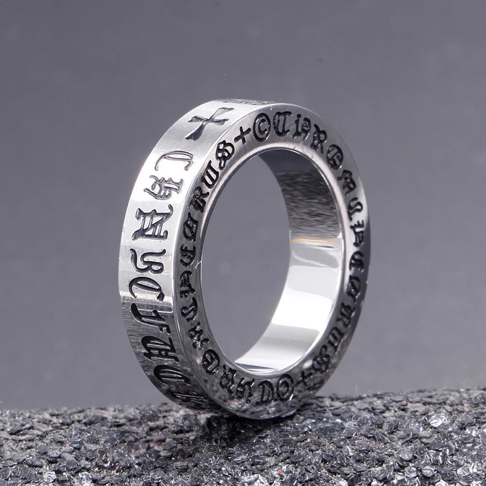 Retro Six-Character Mantra Stainless Steel Finger Ring Men Women Eternal Heart Cross Ring - Vintage Style Jewelry Accessories