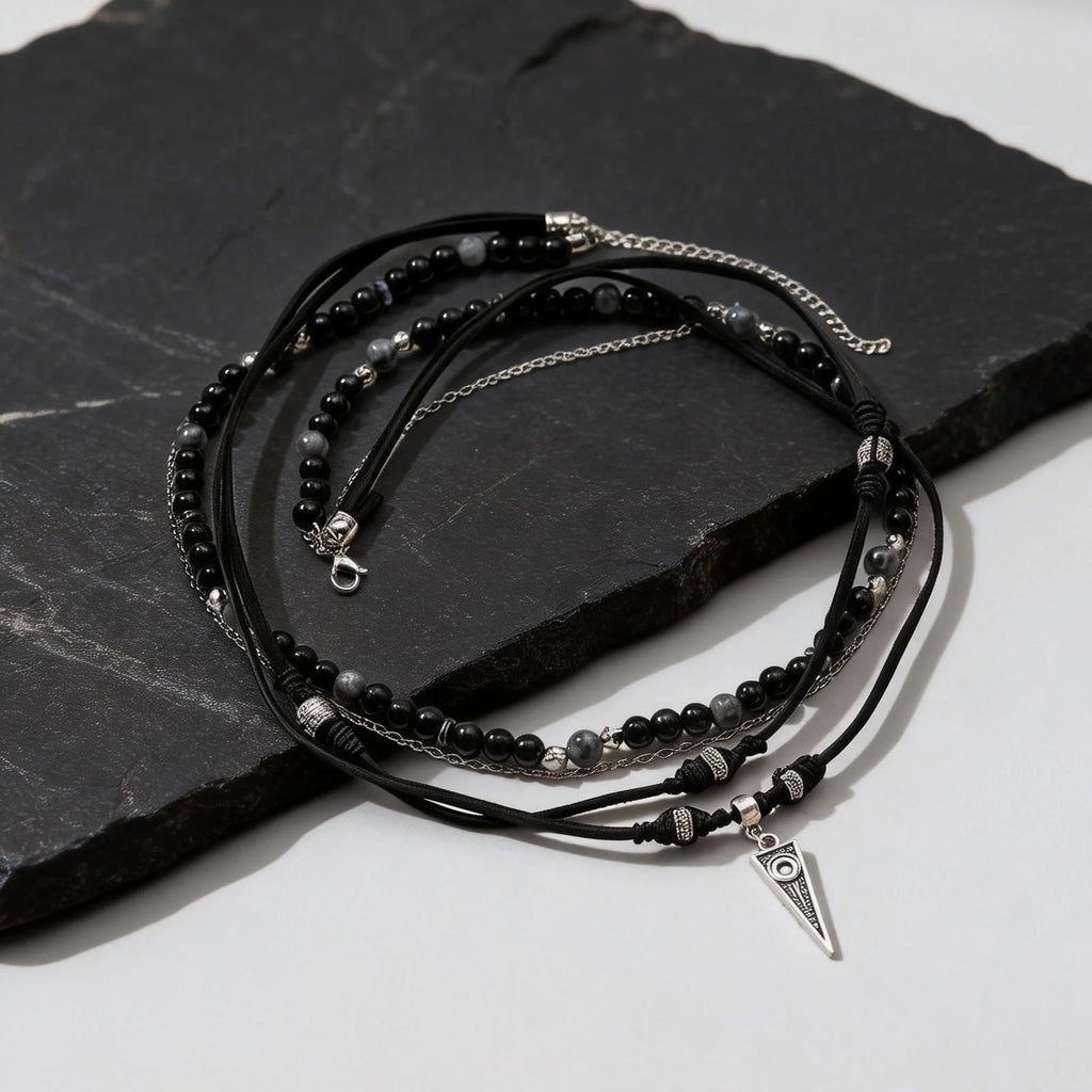 Multi-Layer Leather Pendant Necklace — Black