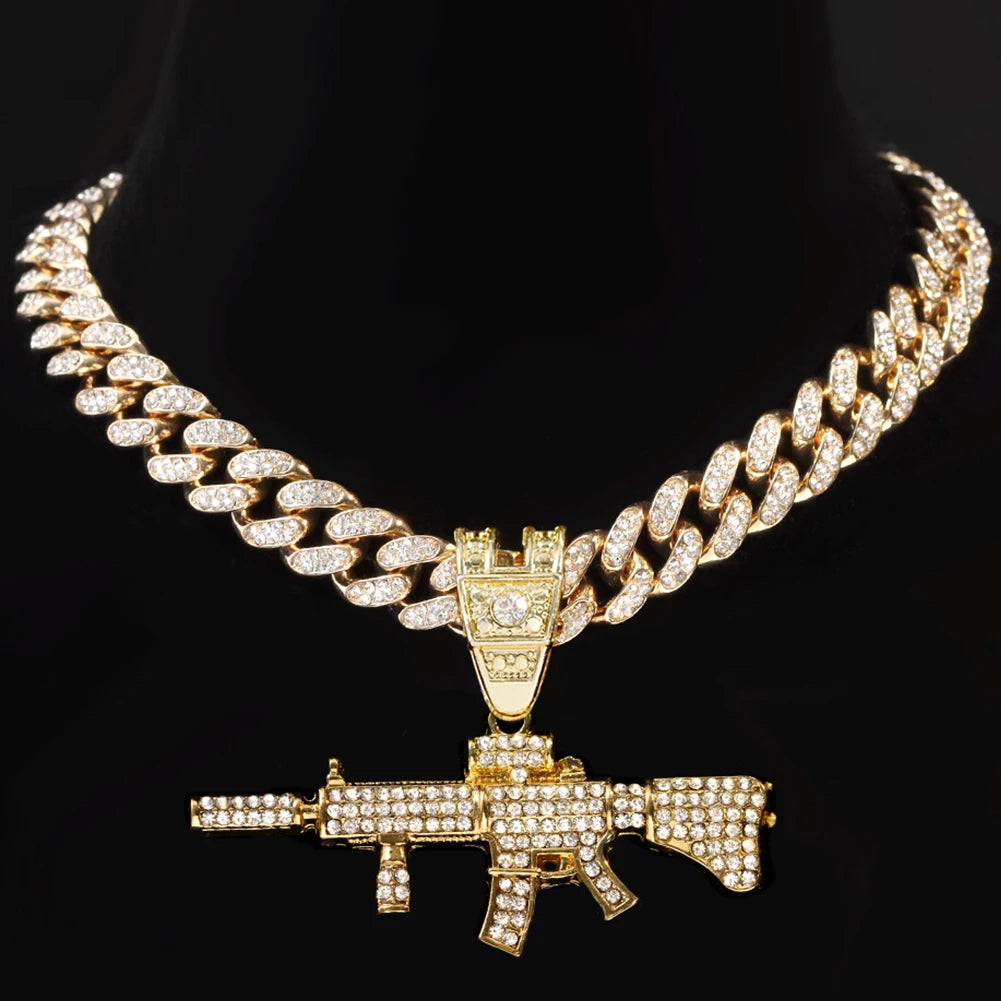 Men Women 14MM Cuban Chain AK47 Gun Pendant Necklace Iced Out AAA Rhinestone Prong Miami Cuban Link Chain Hip Hop