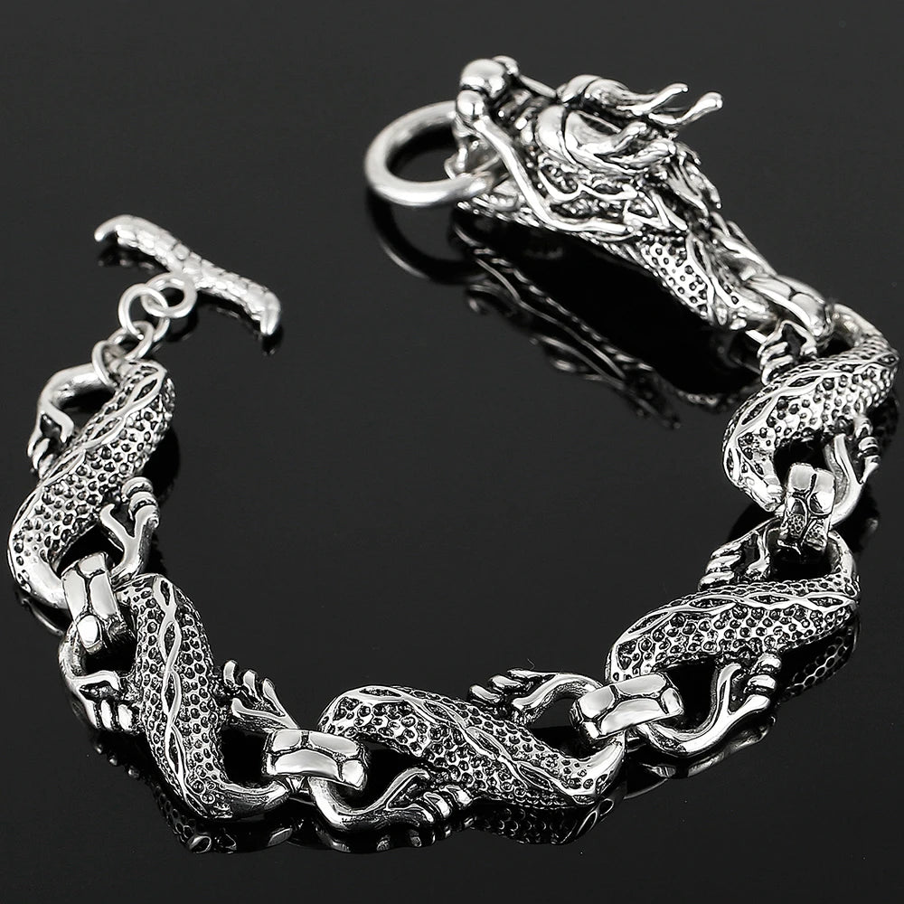Massive Chinese Dragon Head Cuff Men's Bracelets Vintage Stainless Steel Loong Body Chain Bracelet for Man Gothic