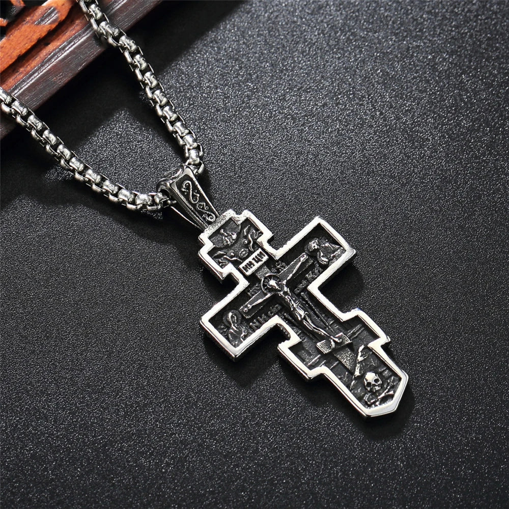 Vintage Stainless Steel Jesus Cross Pendant Necklace Men Biker Amulet Cross Orthodox Chain Necklace Jewelry Gift