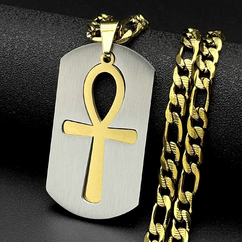 Egyptian Removable Ankh Cross Hollow Dog Tag Pendant Necklaces for Women Men Stainless Steel Egypt Two-Tone Chain Jewelry Gift