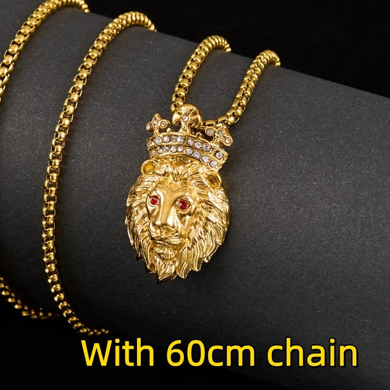 Lion Head Crown Pendant Necklace — Iced Out, Stainless Steel