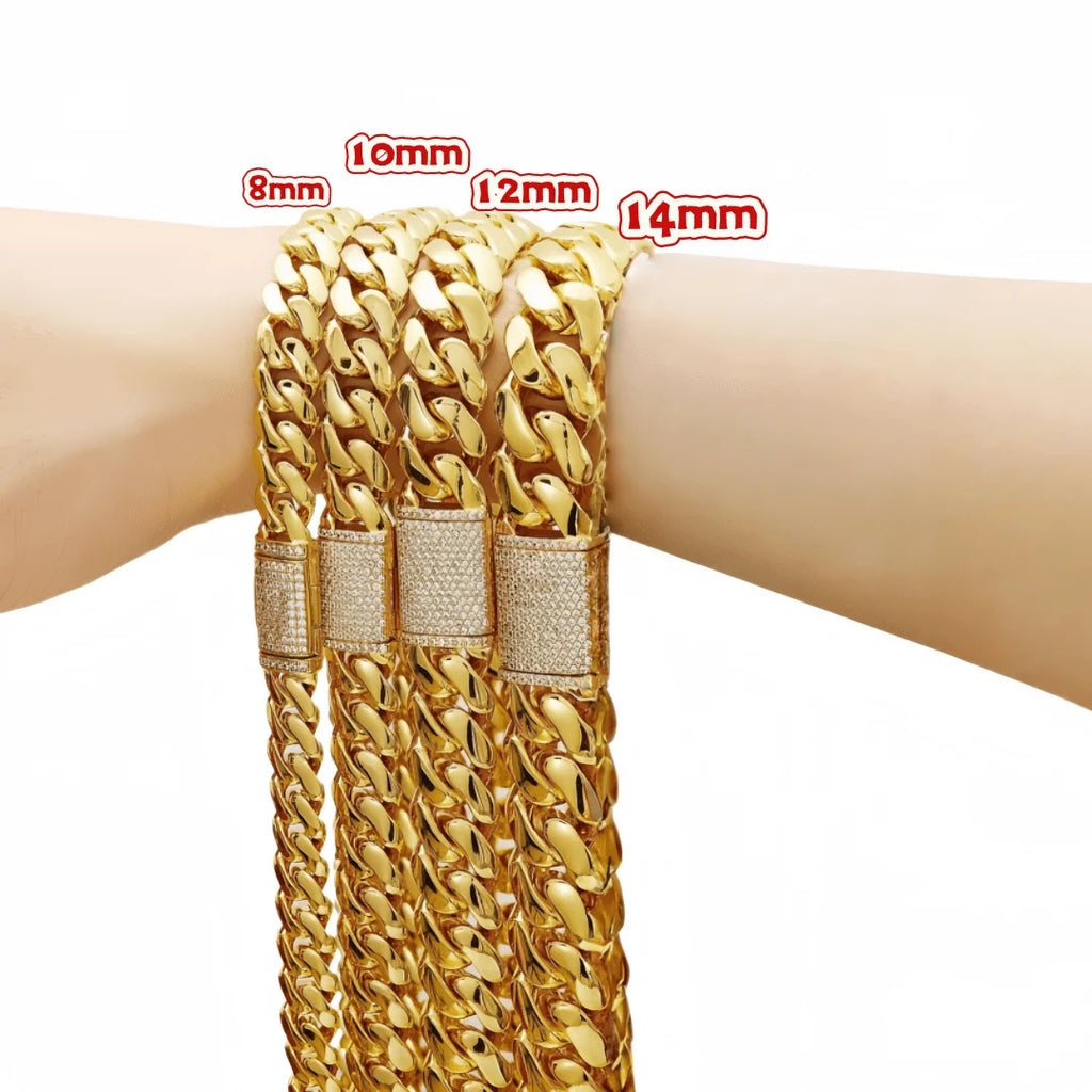 8-14mm Hip Hop Bling Iced Out 18k Gold-plated Stainless Steel Dense Cuban Miami Link Chain Necklaces for Unisex Rapper