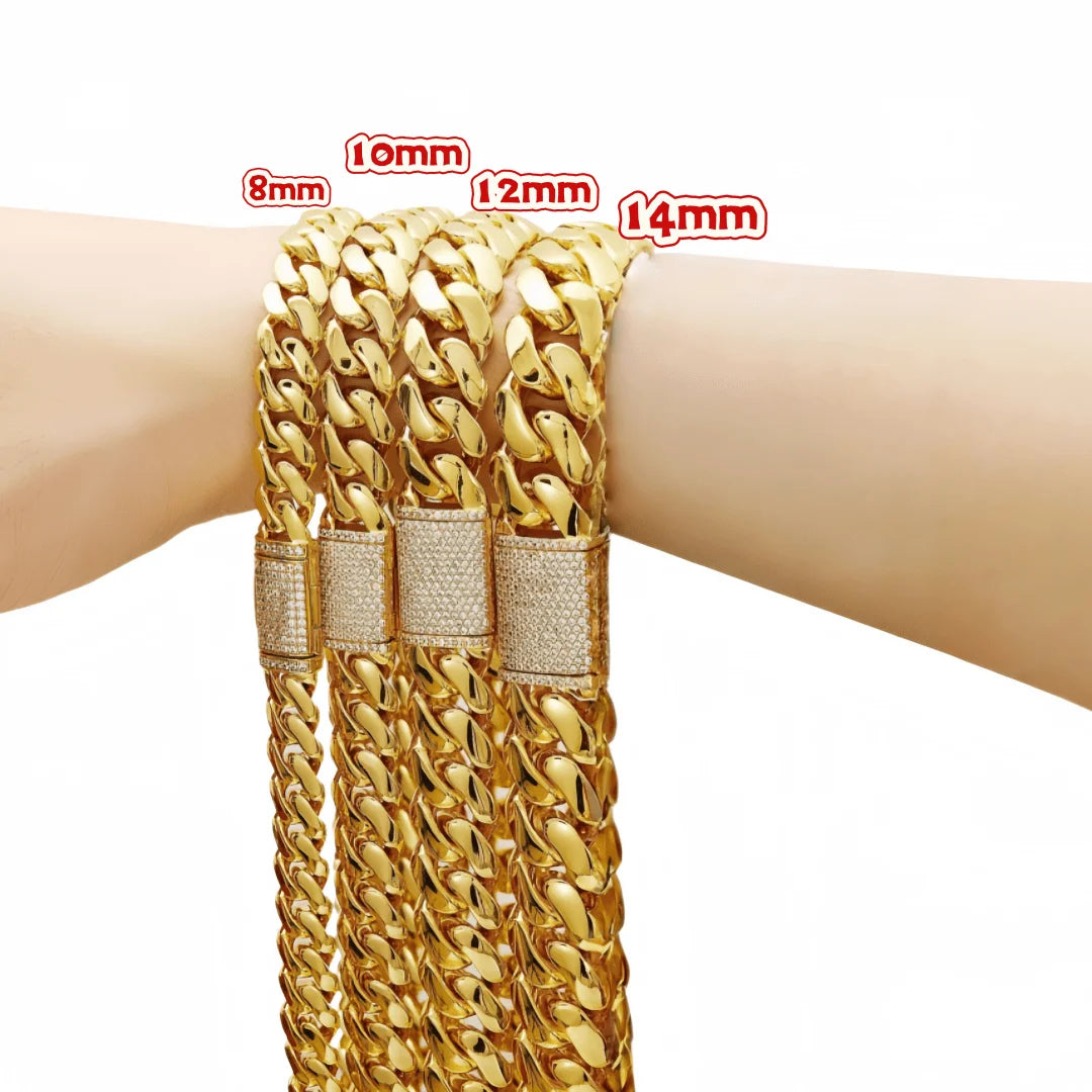 8-14mm Hip Hop Bling Iced Out 18k Gold-plated Stainless Steel Dense Cuban Miami Link Chain Necklaces for Unisex Rapper