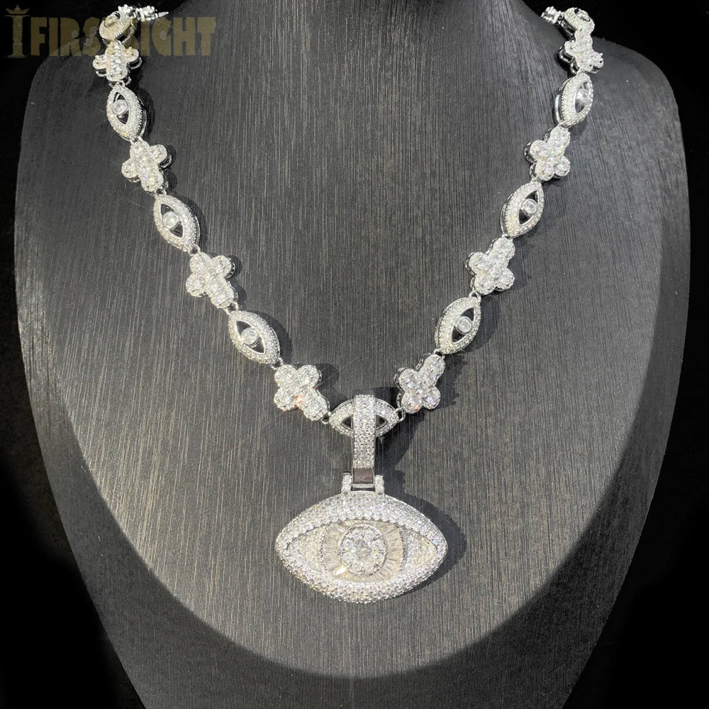 2025 New Eye Cross Necklace Iced Out Bling Silver Color Cubic Zirconia Charm Tennis Chain for Men Women Hip Hop Jewelry