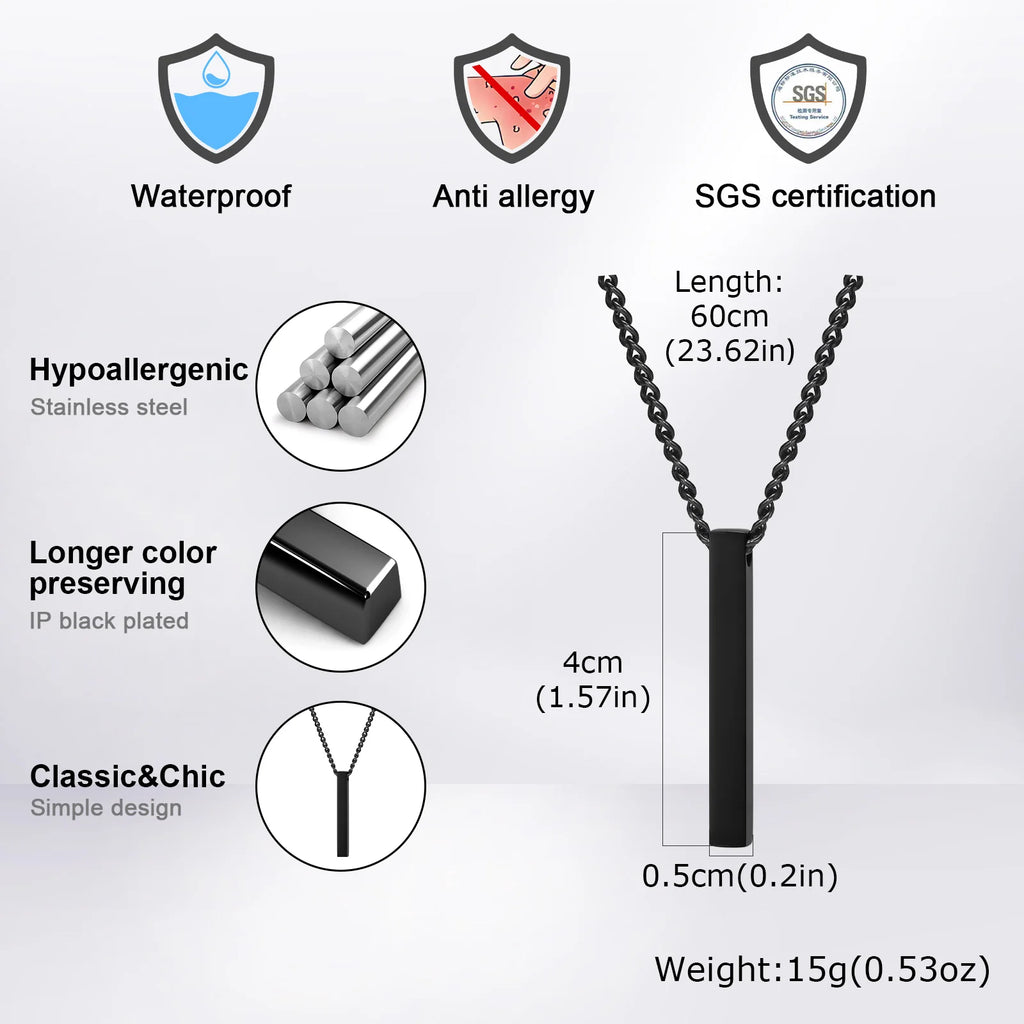 Hiphop Vertical Necklace for Men Boys,Stainless Steel Long Bar Pendant,Classic Punk Jewelry Gift