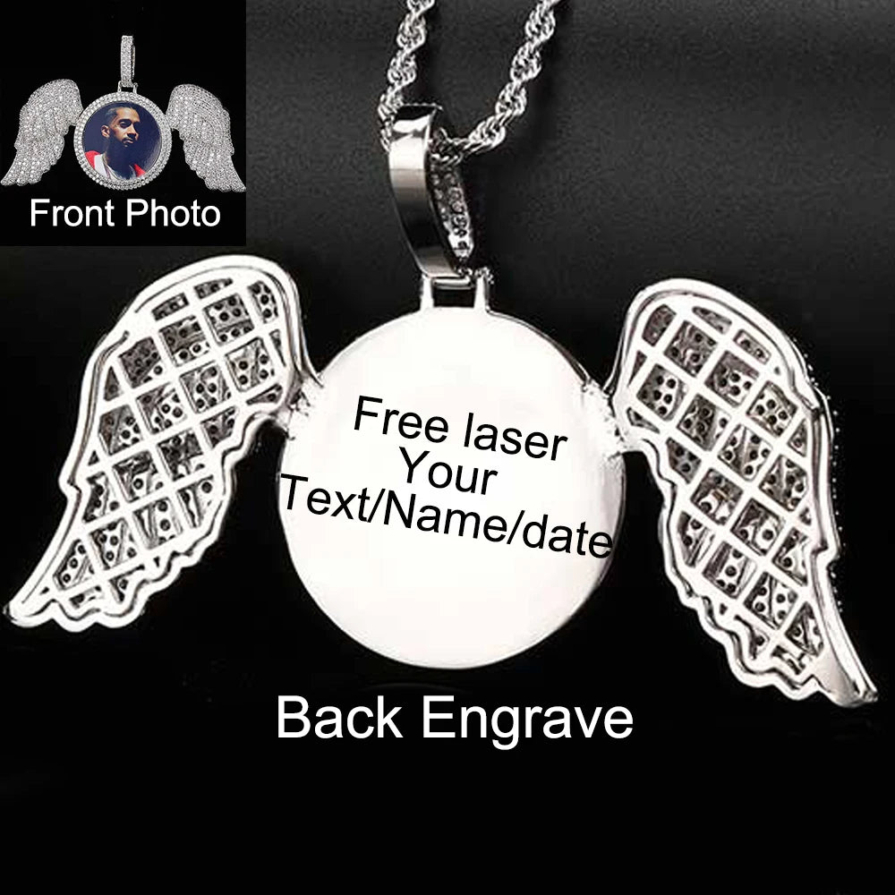 Angel Wings Photo Pendant Necklace Iced Out