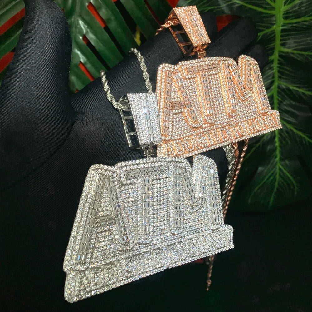 Iced Out Bling Letters ATM Addicted To Money Pendant Necklaces Gold Color AAA Zircon 5mm Tennis Chain Men's Hip Hop