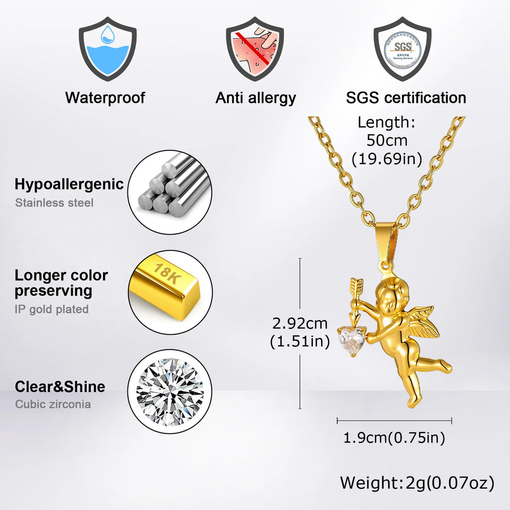 Gold Color Stainless Steel Cupid Pendant Necklace,Love CZ Bow Arrow Cupid Pendant Necklace,Pray for Beautiful Love Jewelry