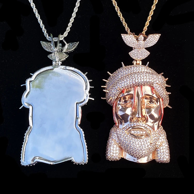 Hip Hop 5A+ CZ Stone Paved Bling Ice Out Pigeon Jesus Piece Pendants Necklaces for Men Rapper Jewelry Rose Gold Silver Color