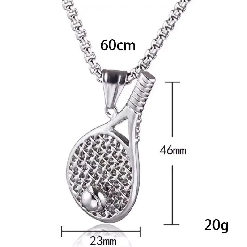 Silver Tennis Racket Pendant Necklace Stainless Steel