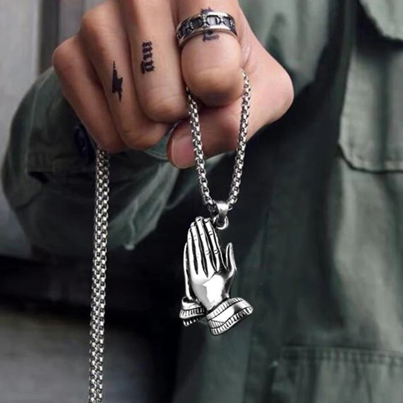 Silver Praying Hands Pendant Necklace Statement