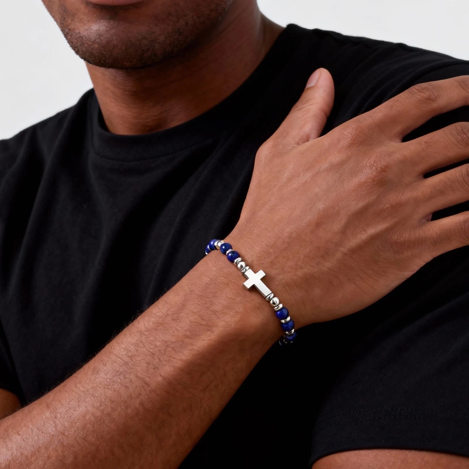 Vintage Classic Stainless Steel Cross Adjustable Bracelet for Men, Black Onyx Natural Stone Beads Chain Wristband,Trendy Jewelry