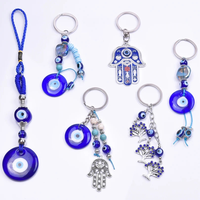 1Pc Vintage Fatima Hamsa Hand Pendant Women Key Chain Bule Glass Round Lucky Amulet Turkish Evil Eye Tassel Keyring Jewelry Bulk