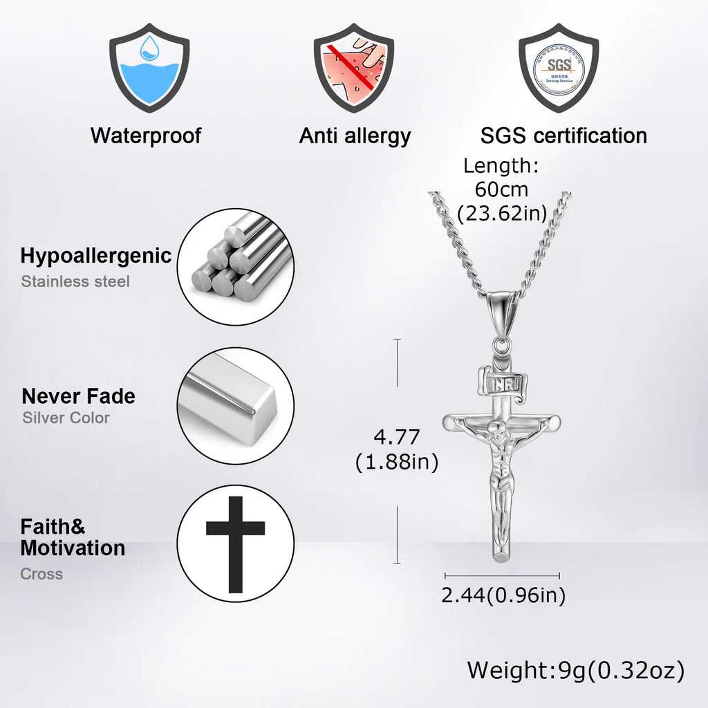 Vnox Stainless Steel Catholic Jesus Cross Necklace for Men Women, Crucifix Pendant with 60cm Cuban Chain, Religious
