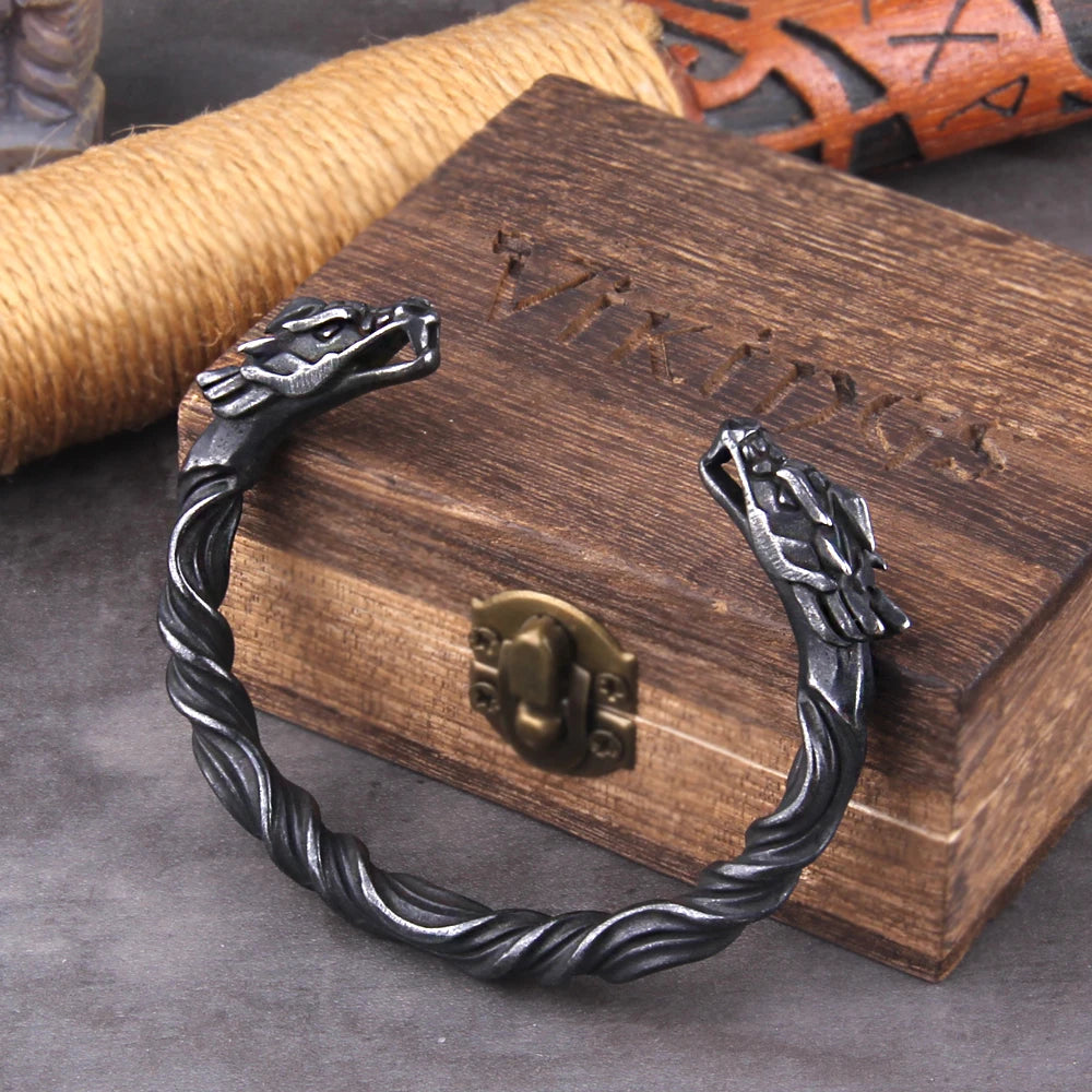Gray Color Stainless Steel Nordic Viking Norse Dragon Bracelet Men Wristband Cuff Bracelets with Viking Wooden Box