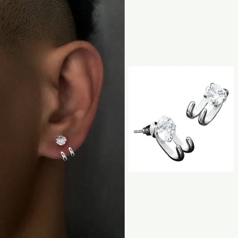 Double Claw Hook Stud Earrings with CZ Crystal for Men & Women