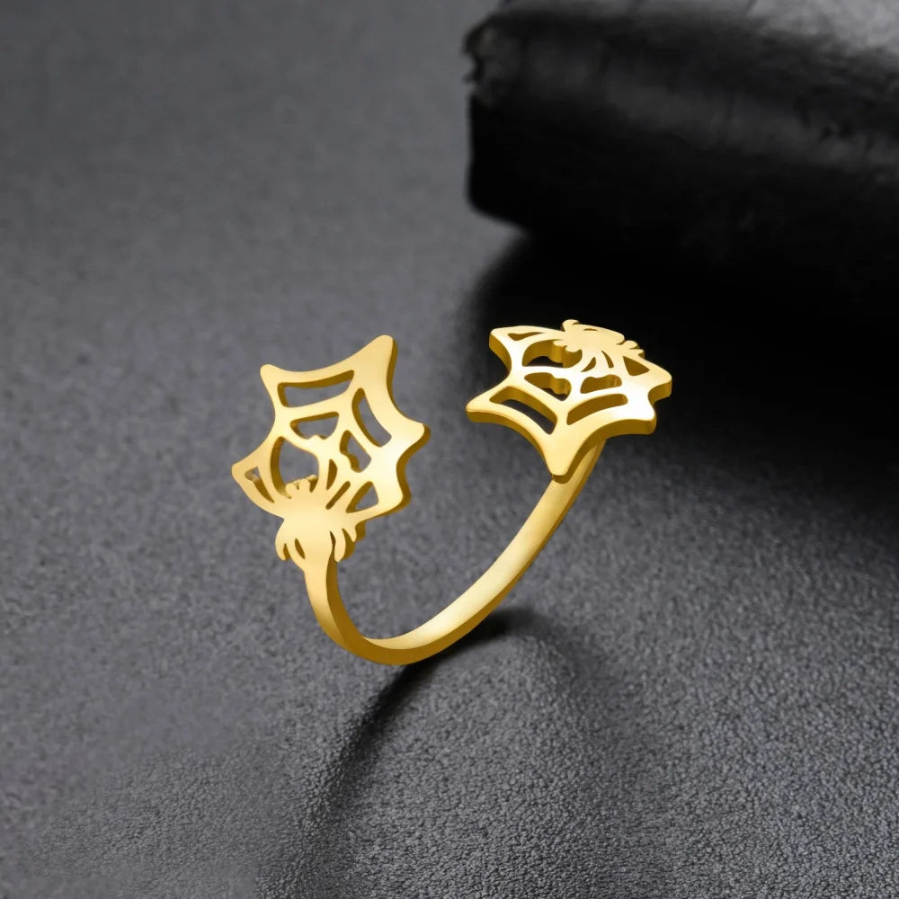 Skyrim Punk Spider Web Ring for Women Men Stainless Steel Creative Open Adjustable Rings Halloween Jewelry Gift