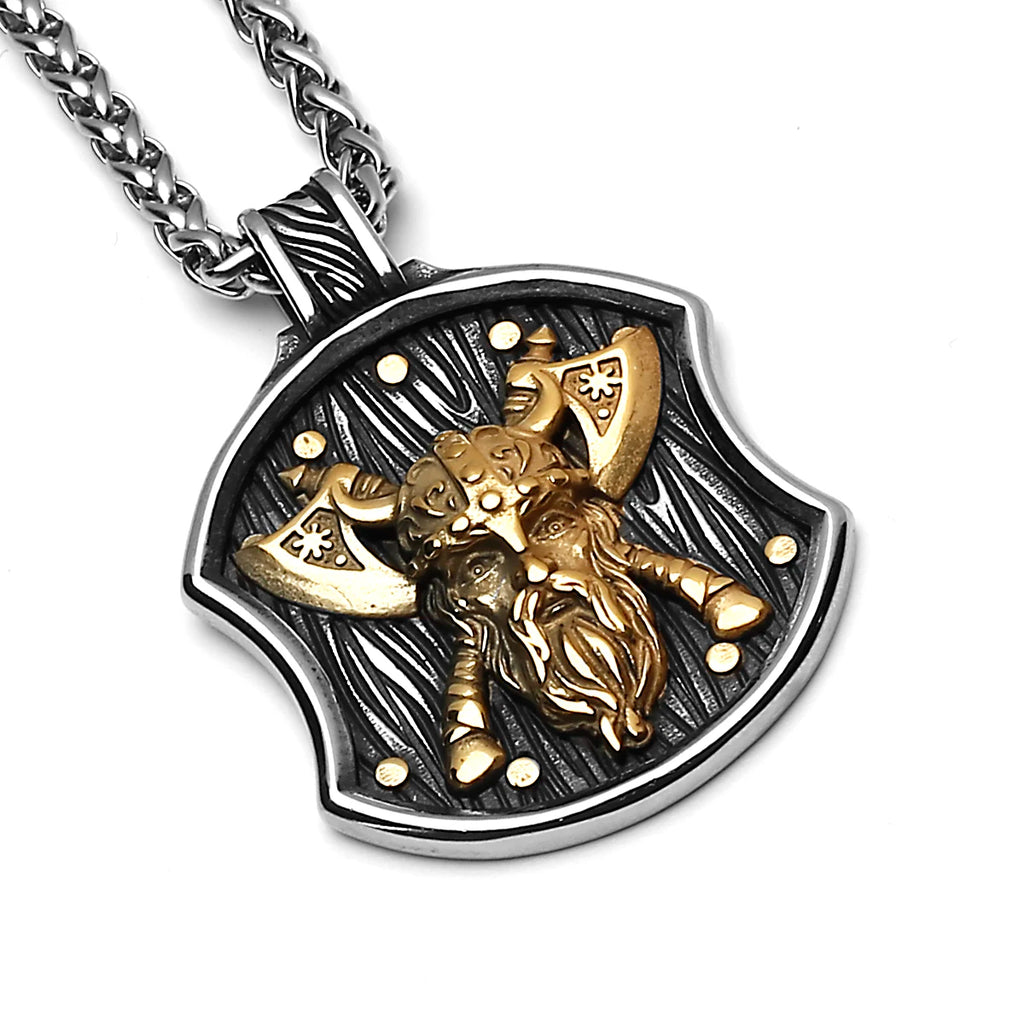 316L Stainless Steel Fashion Viking Odin Warrior Shield Necklace Nordic Amulet Double Axe Necklace Pendant Jewelry Men's Gift