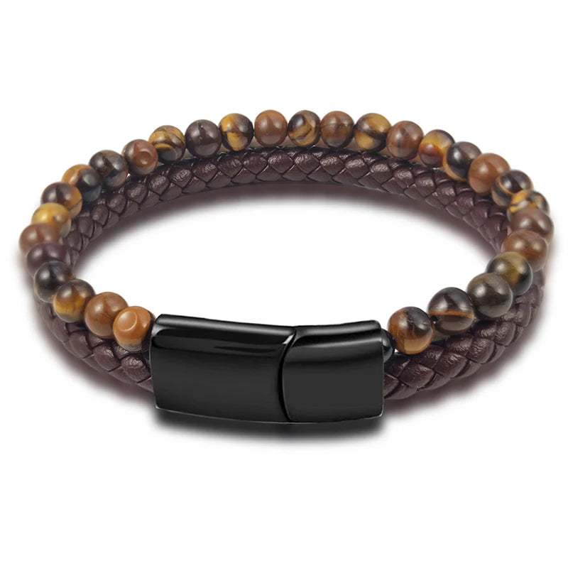 Natural Yellow Tights Eye Stone Beaded Bracelet for Men Vintage Charm Stainless Steel Magnetic Clasp Wrap Bangle Jewelry Gift