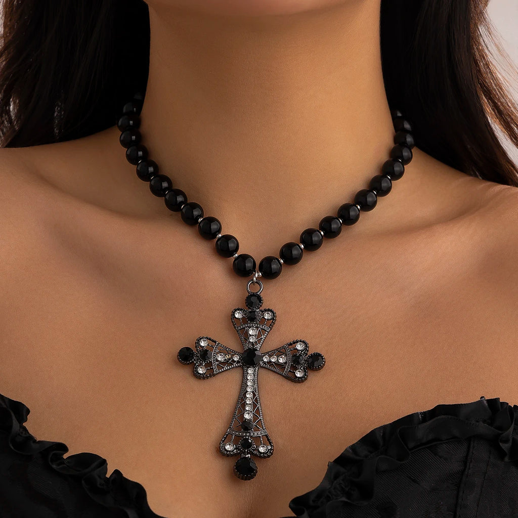 IngeSight.Z Trendy Goth Large Cross Pendant Necklace Elegant Charming Imitation Pearl Woman Choker Y2K Neck Jewelry