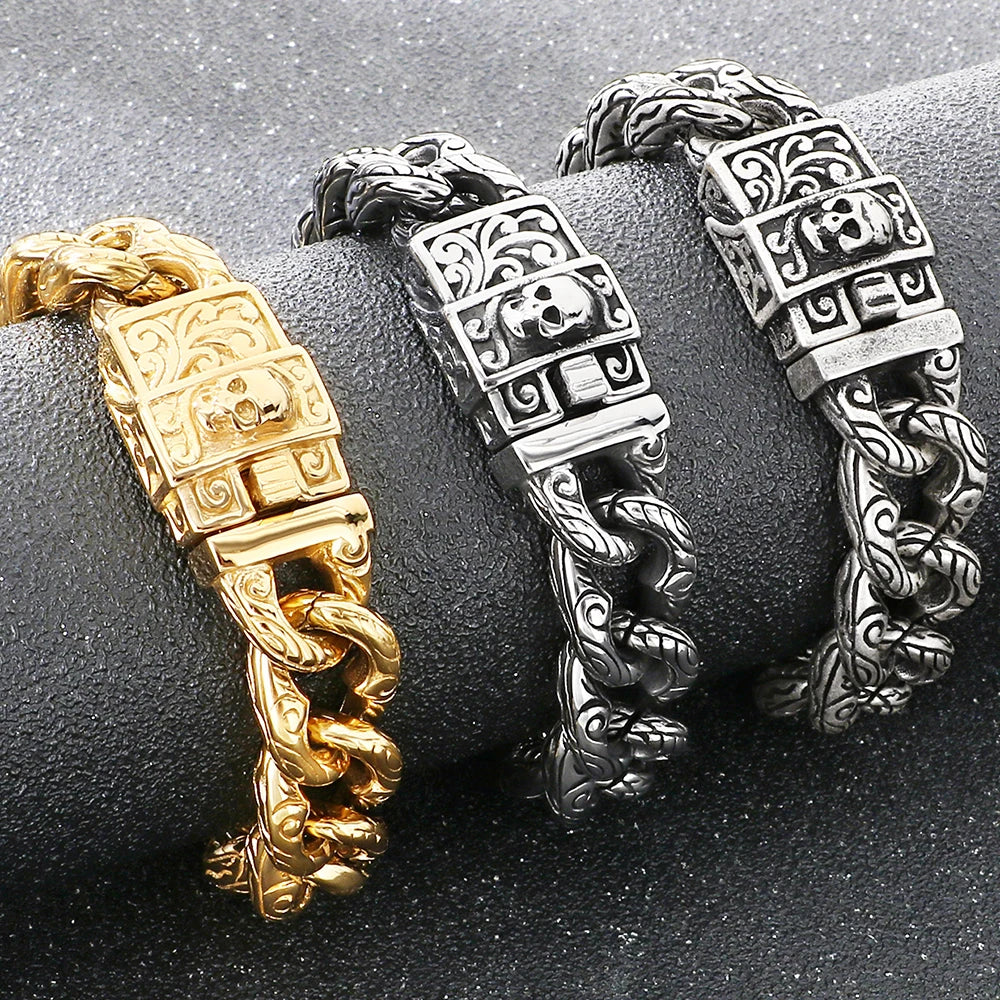 Punk Skeleton Jewelry Vintage Cuban Link Chain Bracelet for Man With Skull Head Clasp 316L Stainless Steel Bracelets