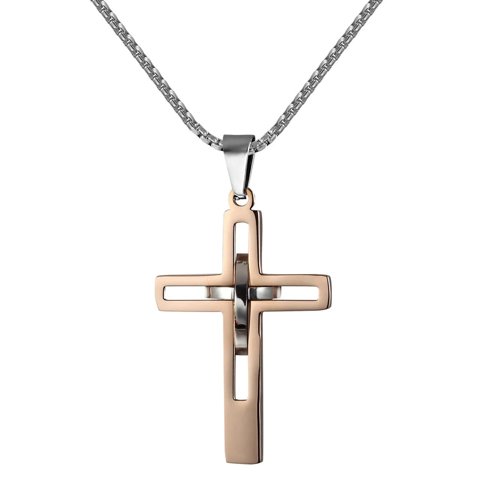 Fashion Double Cross Pendant Jesus Necklace for Men Boy Stainless Steel 24Inch Chain Link Necklaces Male Religious