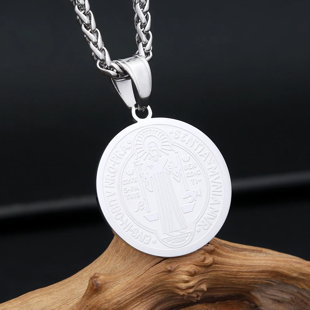 Catholic 316L Stainless Steel Saint Benedict Cross Pendant Necklaces For Men Women Religious Exorcism Prayer Jewelry