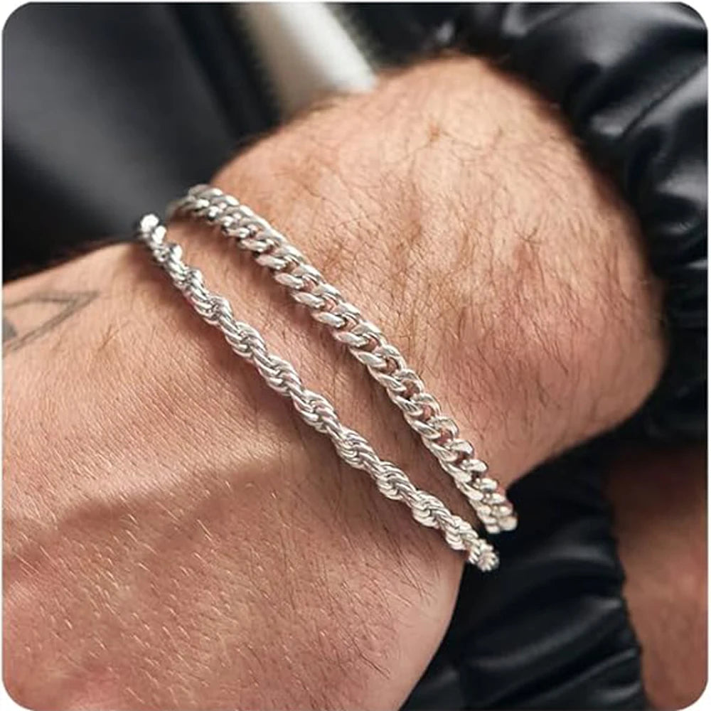 1 or 2 Pcs Chain Bracelet for Men 925 Sterling Silver Stainless Steel Bracelets Rope Cuban Link Bracelet Set for Men