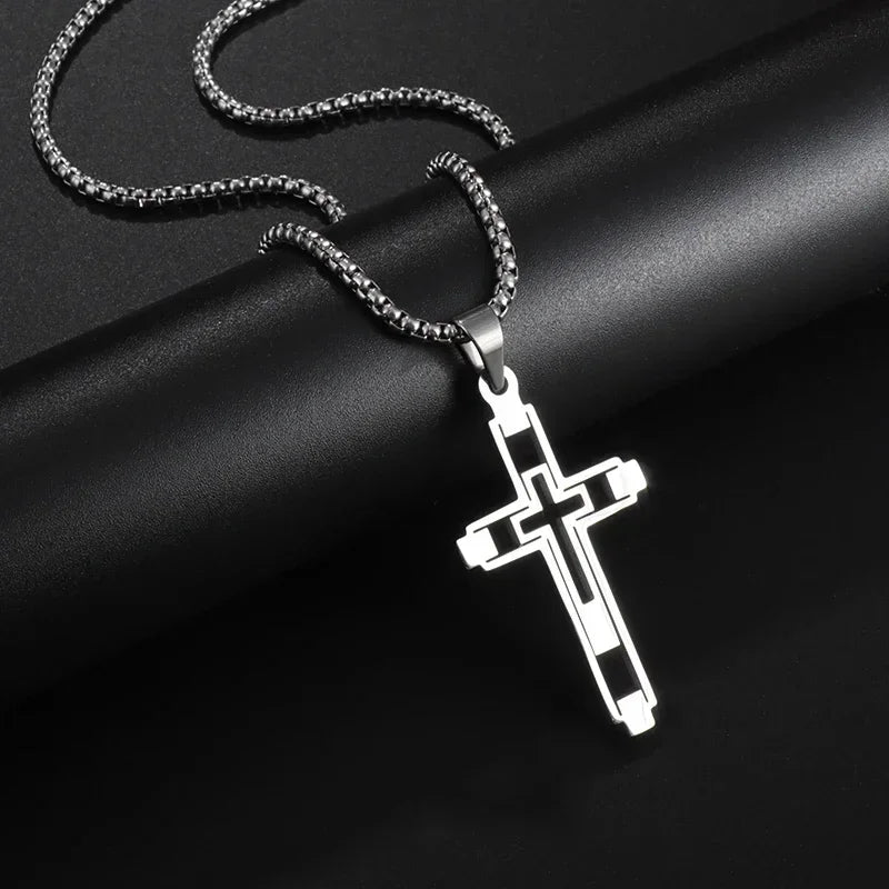 Vintage Christian Jesus Cross Stainless Steel Pendant Little Angel Prayer Necklace Men Women Faith Amulet Jewelry