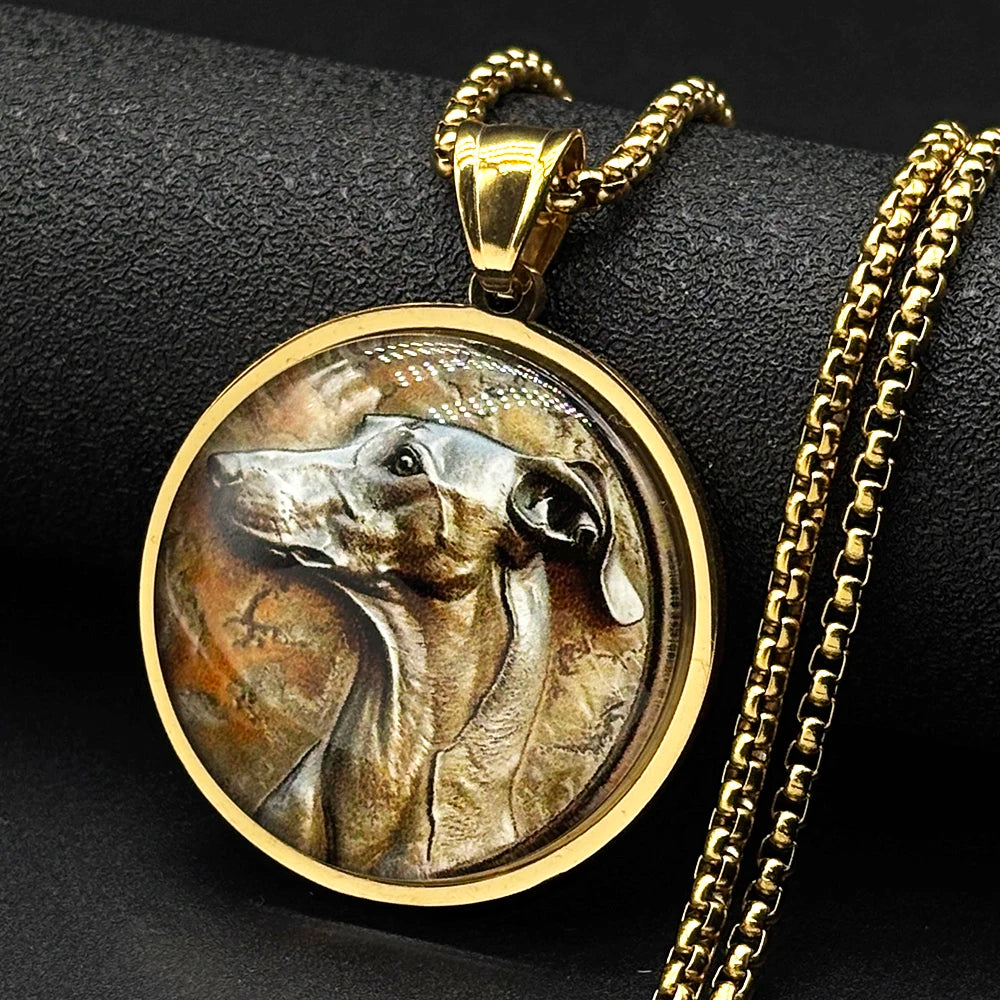 Greyhoun Whippet Dog Head Glass Medal Pendant Necklace for Women Men Gold Plated Stainless Steel Animal Pet Lover Chain