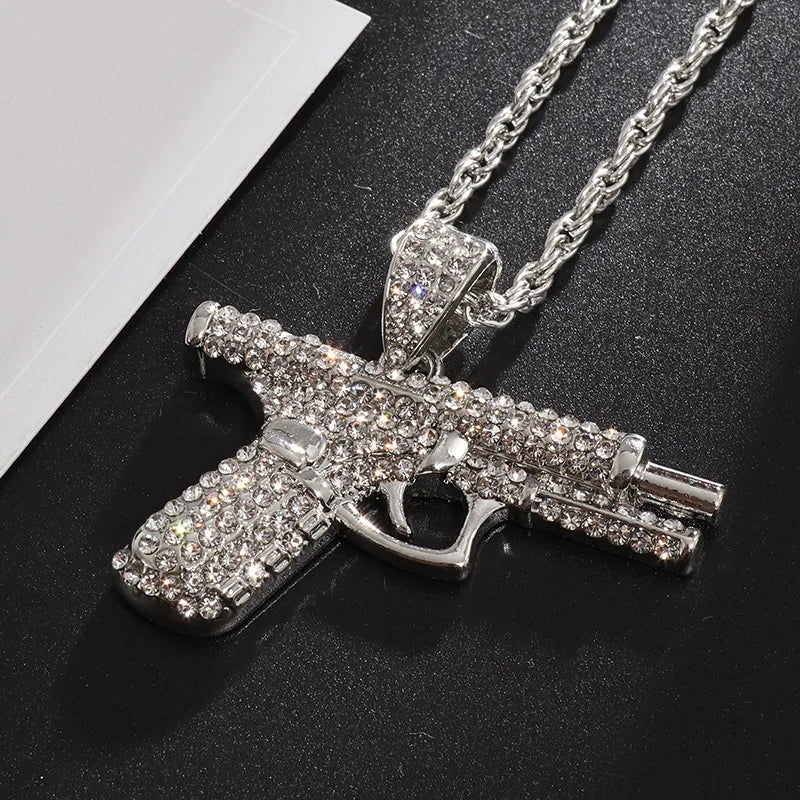 Silver Iced Out Pistol Pendant Necklace