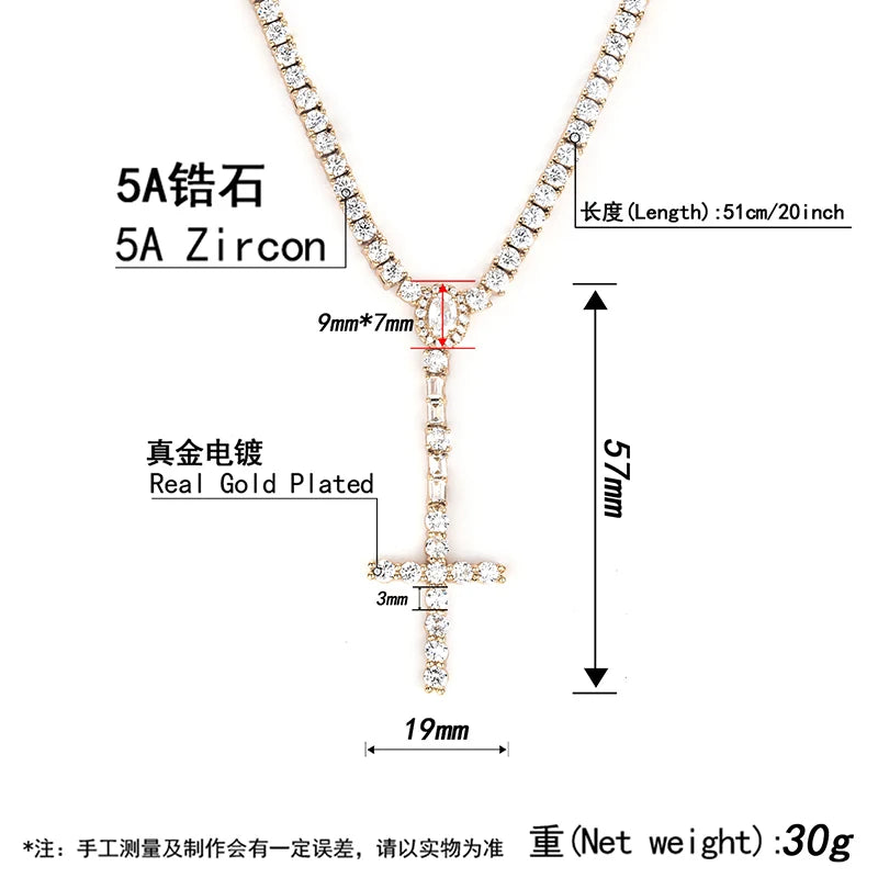 Iced Out Cross Pendant Tennis Chain Necklace — Copper Alloy