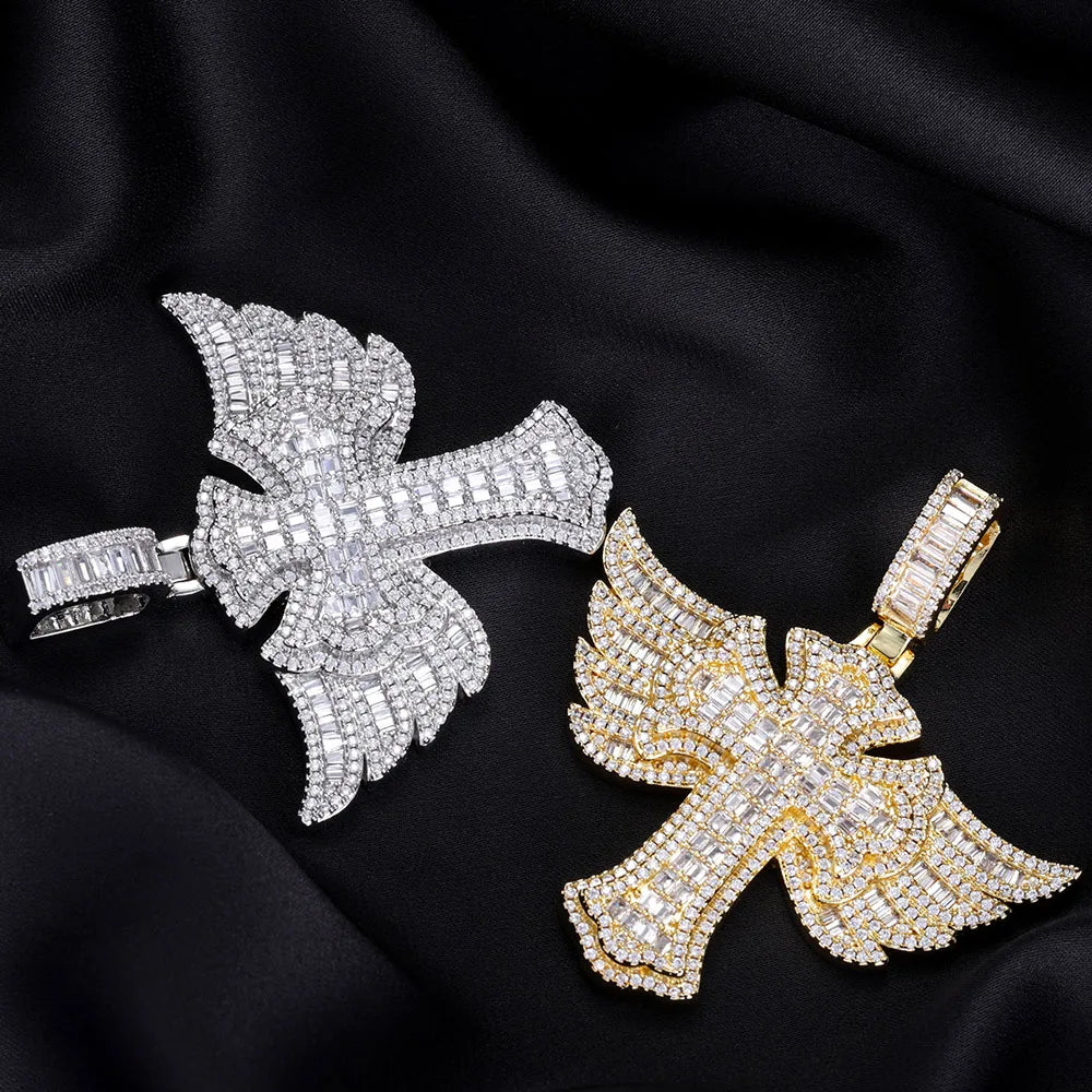 Cross Angel Wings Pendant Necklace Iced Out