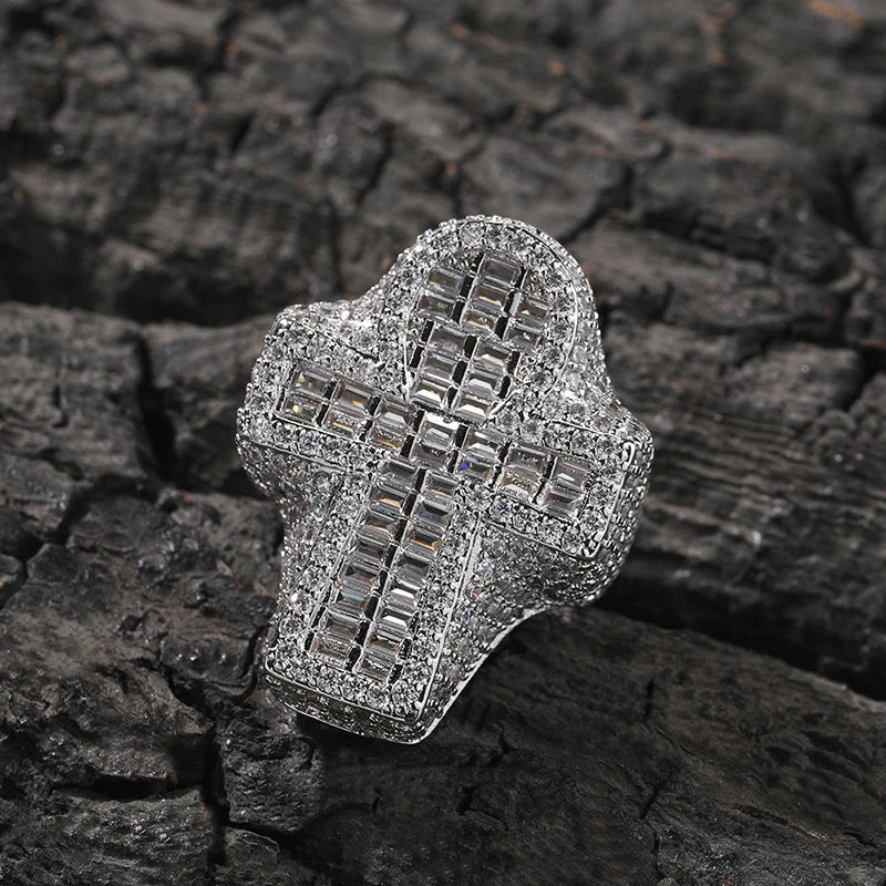Iced Out Cross Ring for Men and Women — Two-Tone CZ Pave