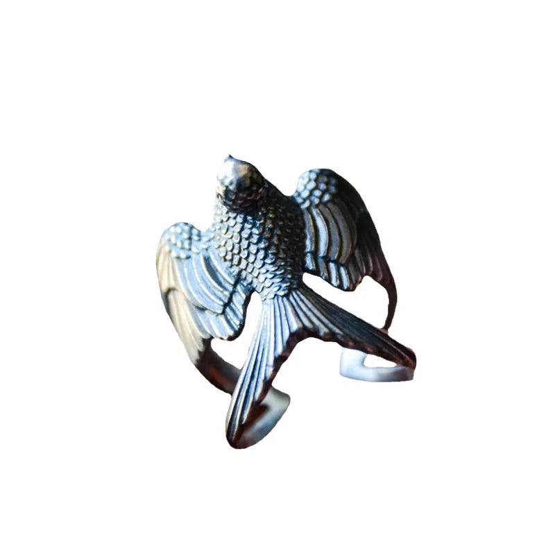 925 Silver Swallow Carved Ring — Vintage Open