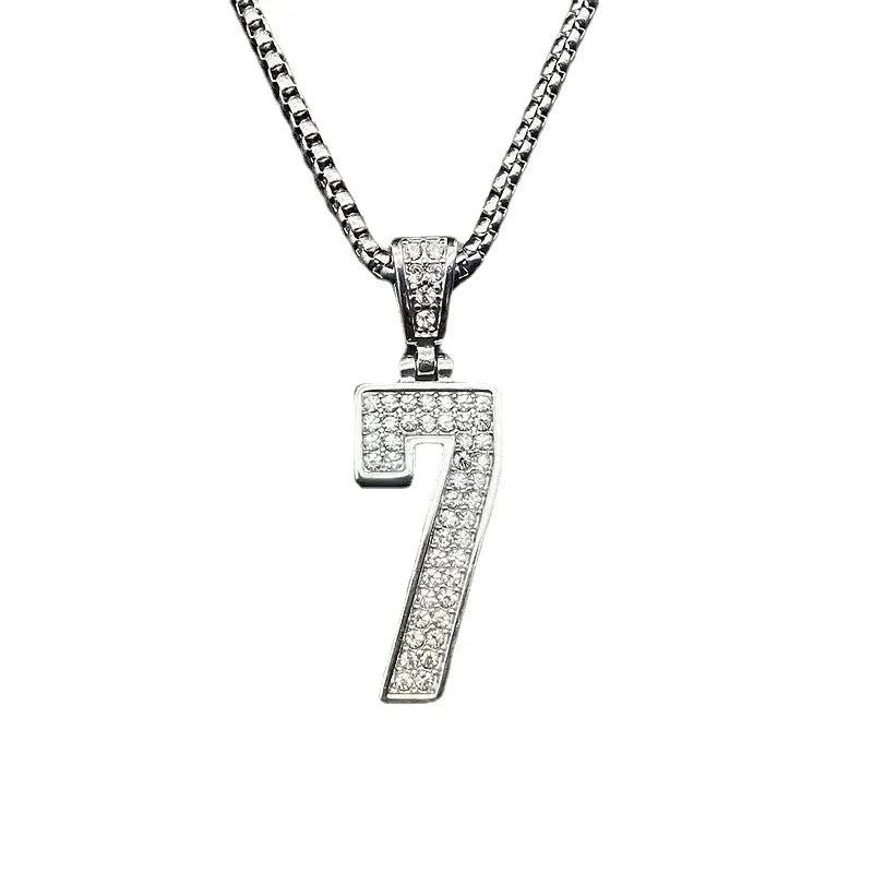Stainless Steel Titanium Hip Hop Number 7 Bling Iced Out Pendant Collar Chain Necklace for Men Women Couple Gift