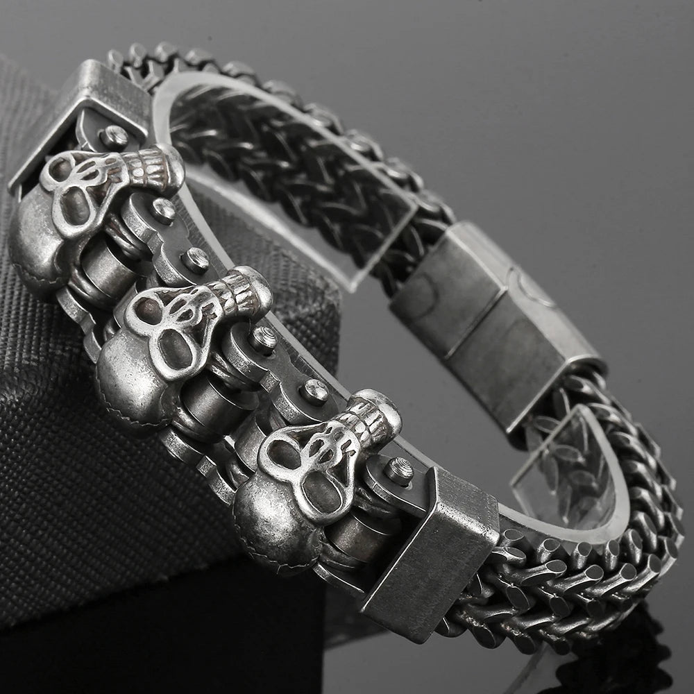 Gothic Three Skulls & Bike Link Chain Men Bracelet for Man Vintage Solid Black 316L Stainless Steel Skeleton Jewelry