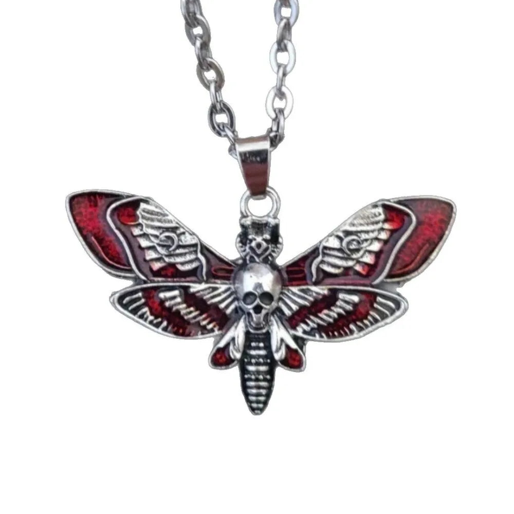 Gothic Personality Sliver Color Skull Moths Wings Red Drip Glaze Pendant Necklace for Women Men Collar Chain Punk
