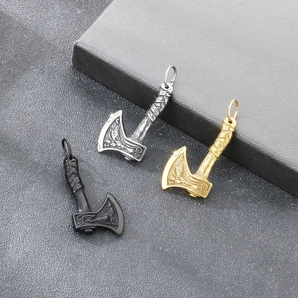 KALEN Stainless Steel 304 Nordic Viking Thor Hammer and Axe Crow Totem Pendant Necklace For Men - KP117768-LU