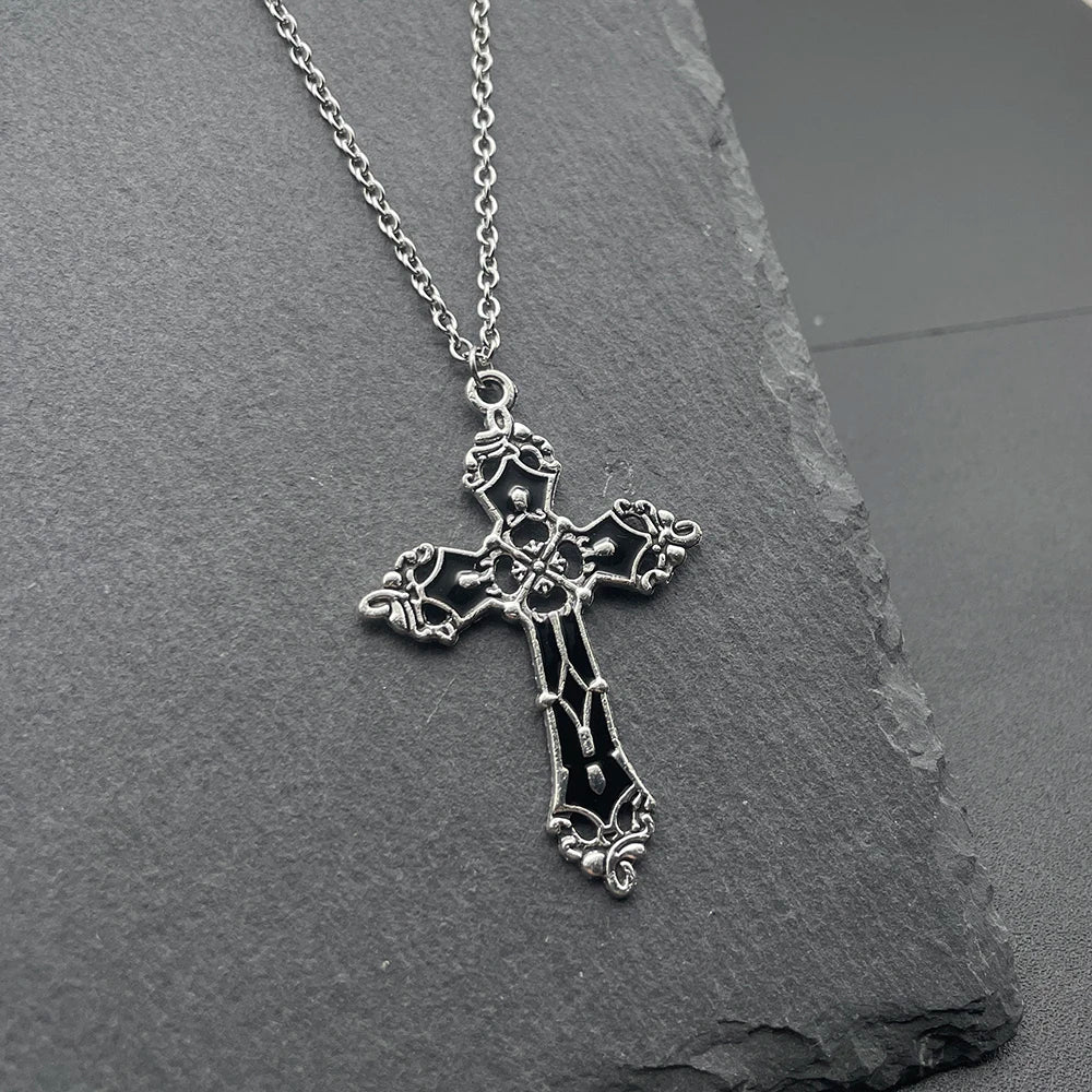 Y2k Black Series Cross And Bat Pendants Unisex Necklace Stainless Steel Chain Jewelry for Men And Women