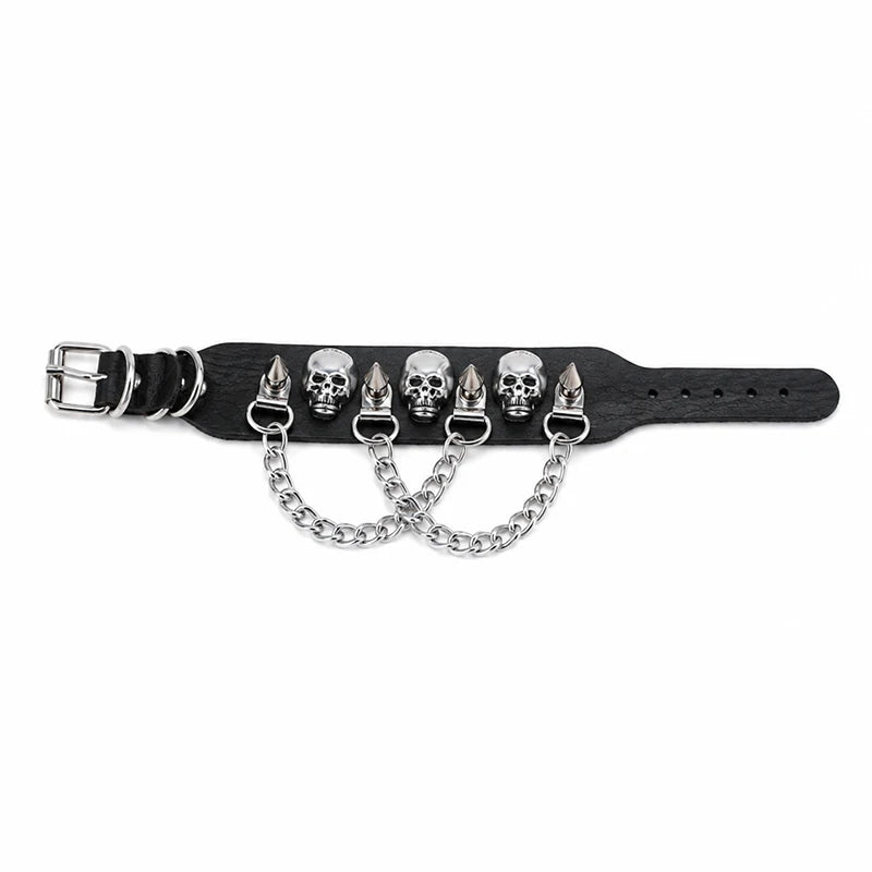 90s Gothic Skull Spike Bracelet Adjustable Punk Rock Bracelet Black Studded Faux Leather Wristband Bracelet for Men