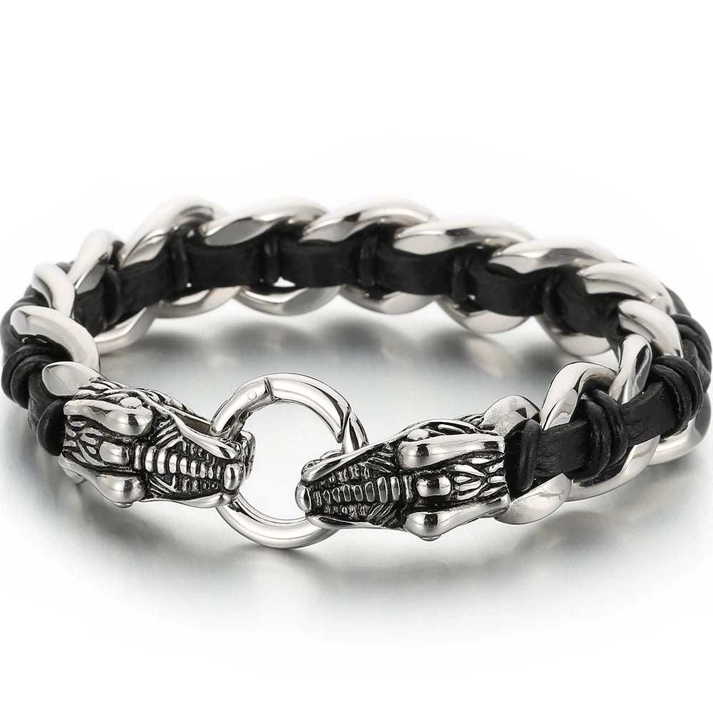 Punk Rocker Dragon Head Bracelet Man Braided Genuine Leather & 316l Stainless Steel Men's Wrist Strap Bracelets Handles