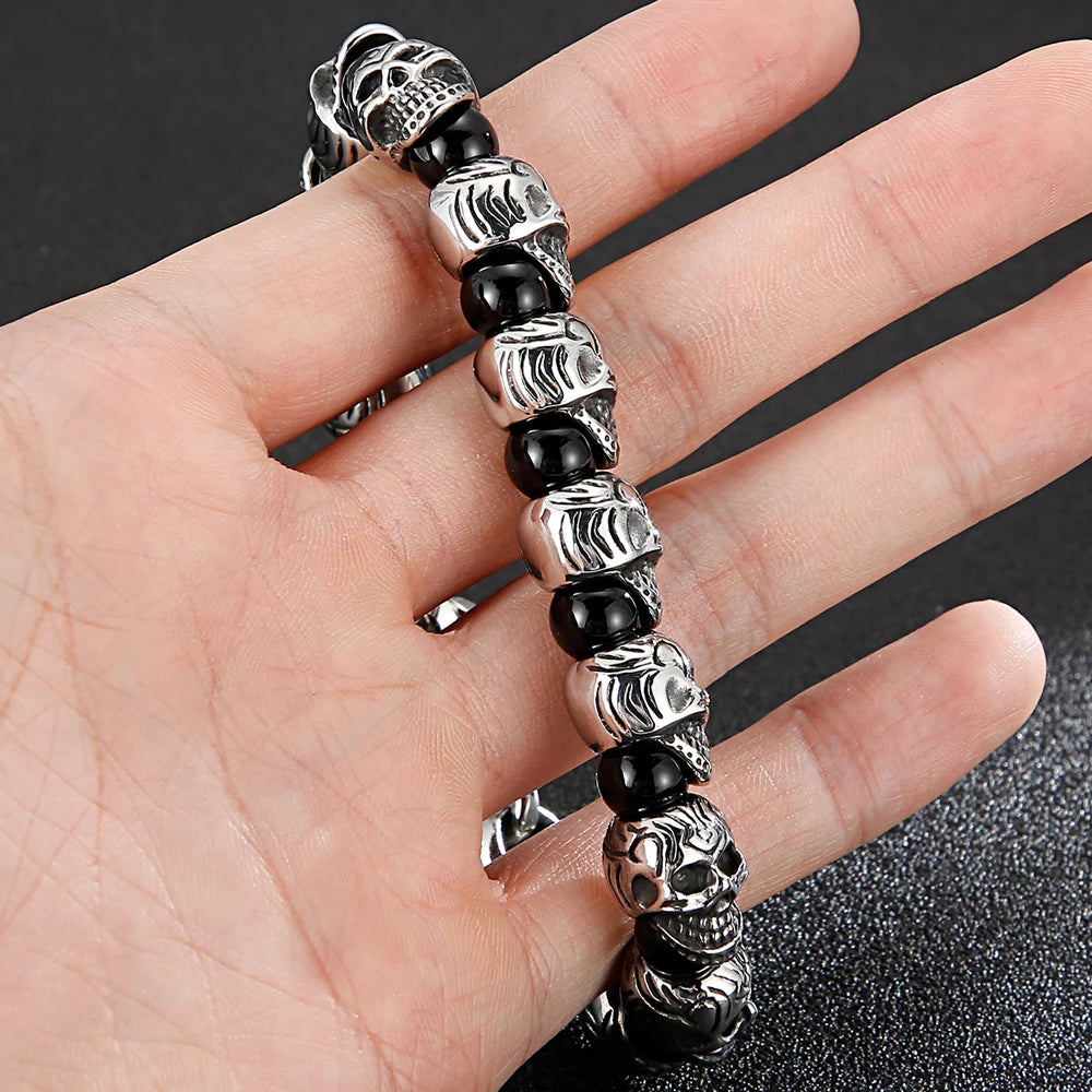 Punk Gothic Stainless Steel Skeleton Jewelry Full Skull Heads Chain Man Bracelet for Men Black Plastic Beads Bracelets