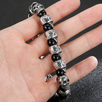 Punk Gothic Stainless Steel Skeleton Jewelry Full Skull Heads Chain Man Bracelet for Men Black Plastic Beads Bracelets