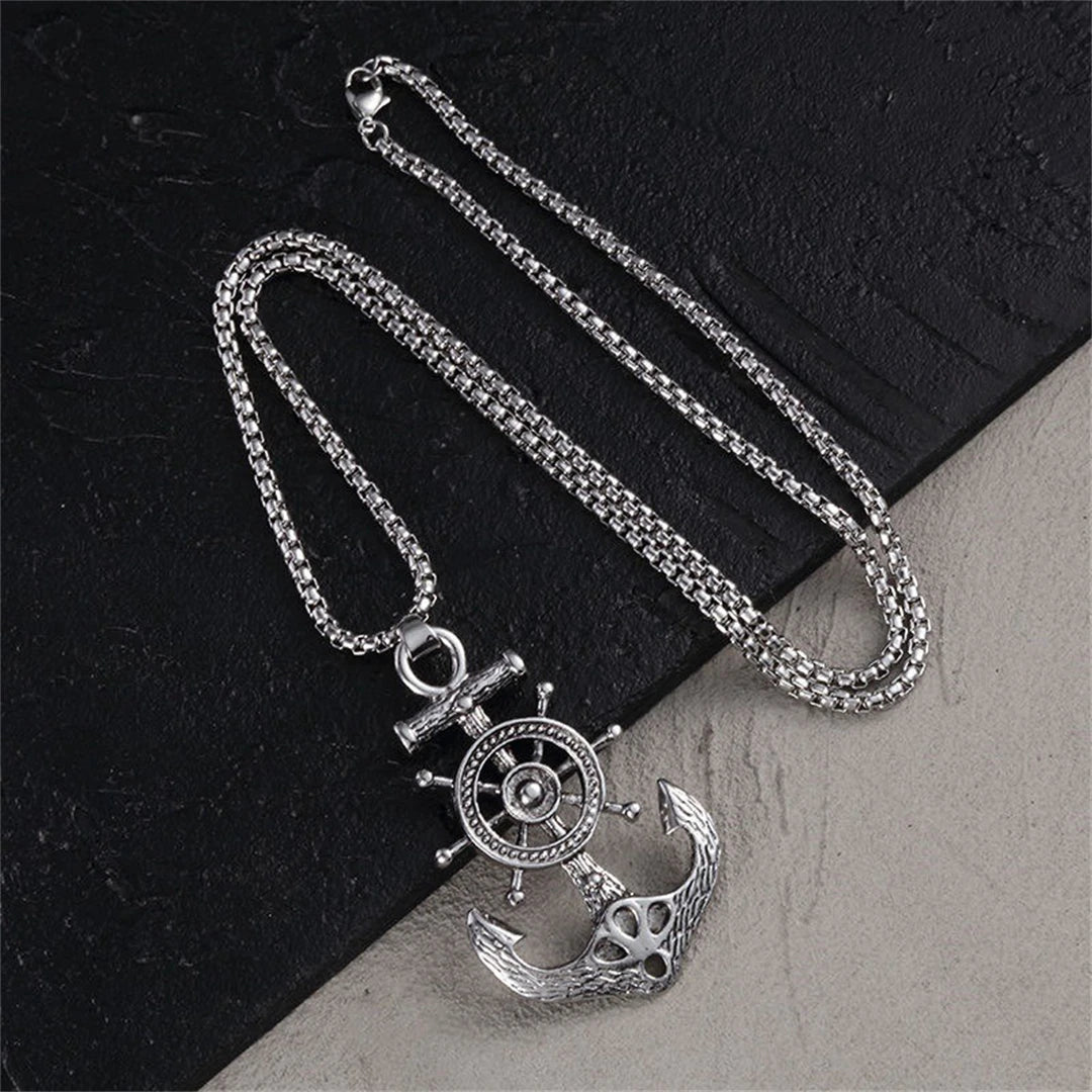 Vintage Nautical Rotatable Ship Wheel Anchor Pendant Necklace