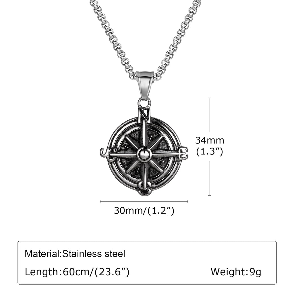 Vintage Compass Coin Pendant Necklace — Stainless Steel